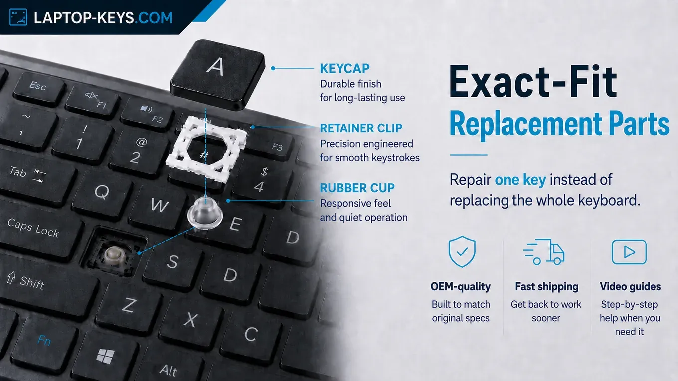 Exact-fit replacement laptop key kit with key cap, retainer clip, and rubber cup
