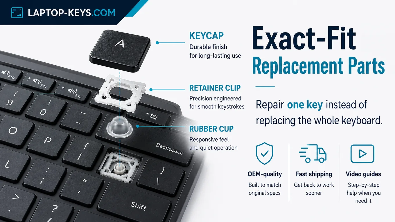 Replacement laptop key kit including key cap, retainer clip, and rubber cup