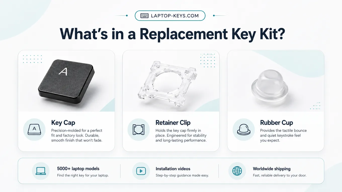 Dell Inspiron 15 3511 replacement key kit including key cap, retainer clip, and rubber cup